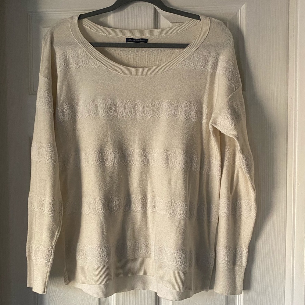 America Eagle White Sweater w/Lacey Stripe Detail